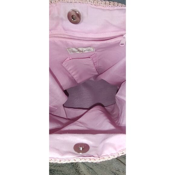 Studio Works - Pink & Cream Stripe Woven Bag w/ Wood Strap Accents - Picture 3 of 10